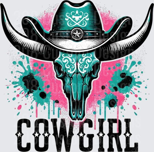 Cowgirl Bull Skull with Cowboy Hat and Paint Splatter Design