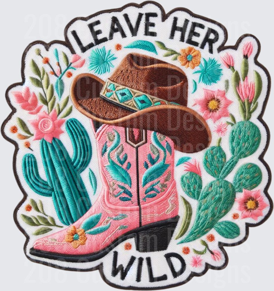 Leave Her Wild Cowboy Boot Hat Cactus Floral Embroidered Patch