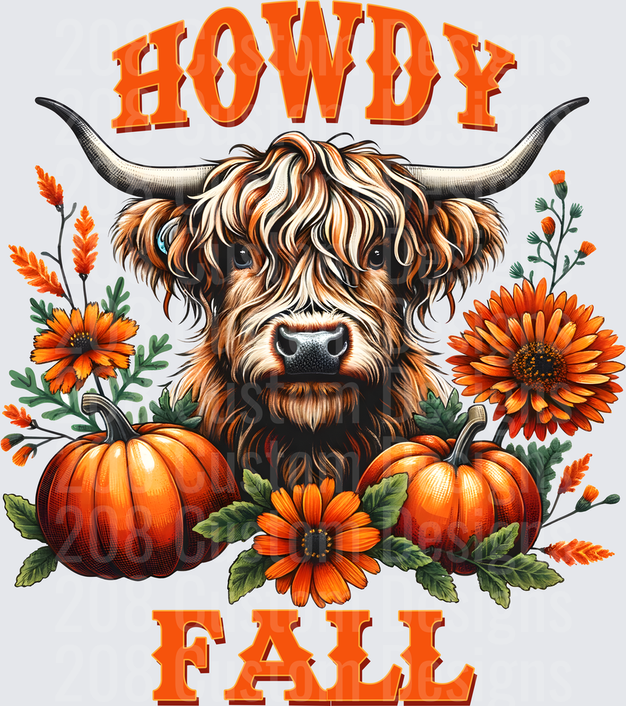 Howdy Fall Highland Cow with Pumpkins and Orange Flowers