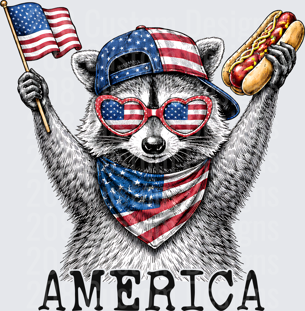 Patriotic Raccoon with American Flag Hat Sunglasses and Hot Dog