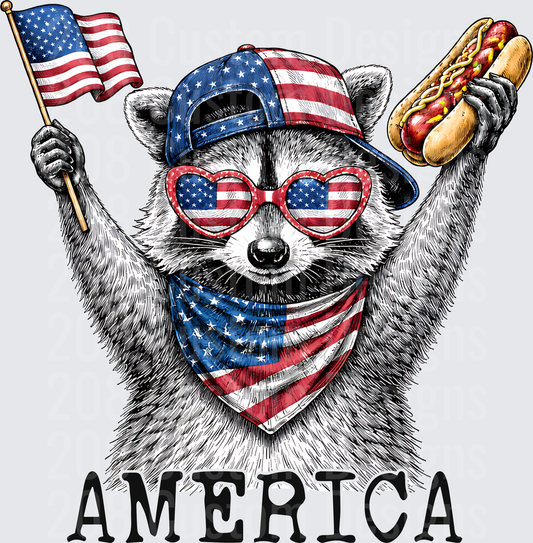 Patriotic Raccoon with American Flag Hat Sunglasses and Hot Dog