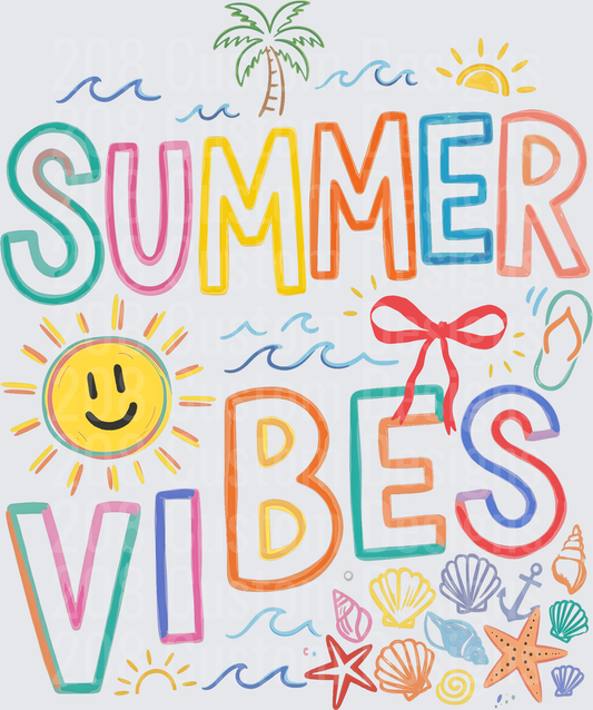 Summer Vibes Colorful Beach with Sun Shells Waves