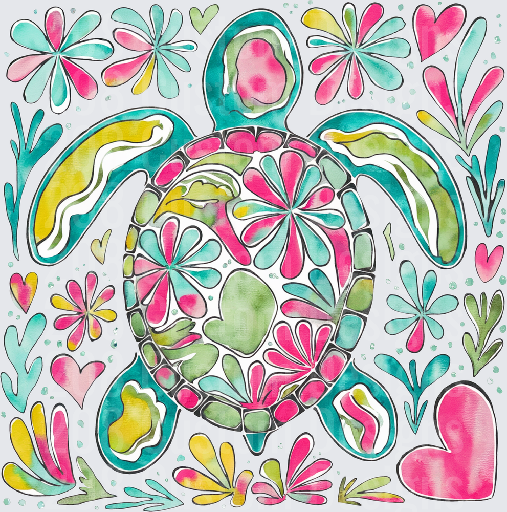 Watercolor Sea Turtle with Floral Pattern and Hearts
