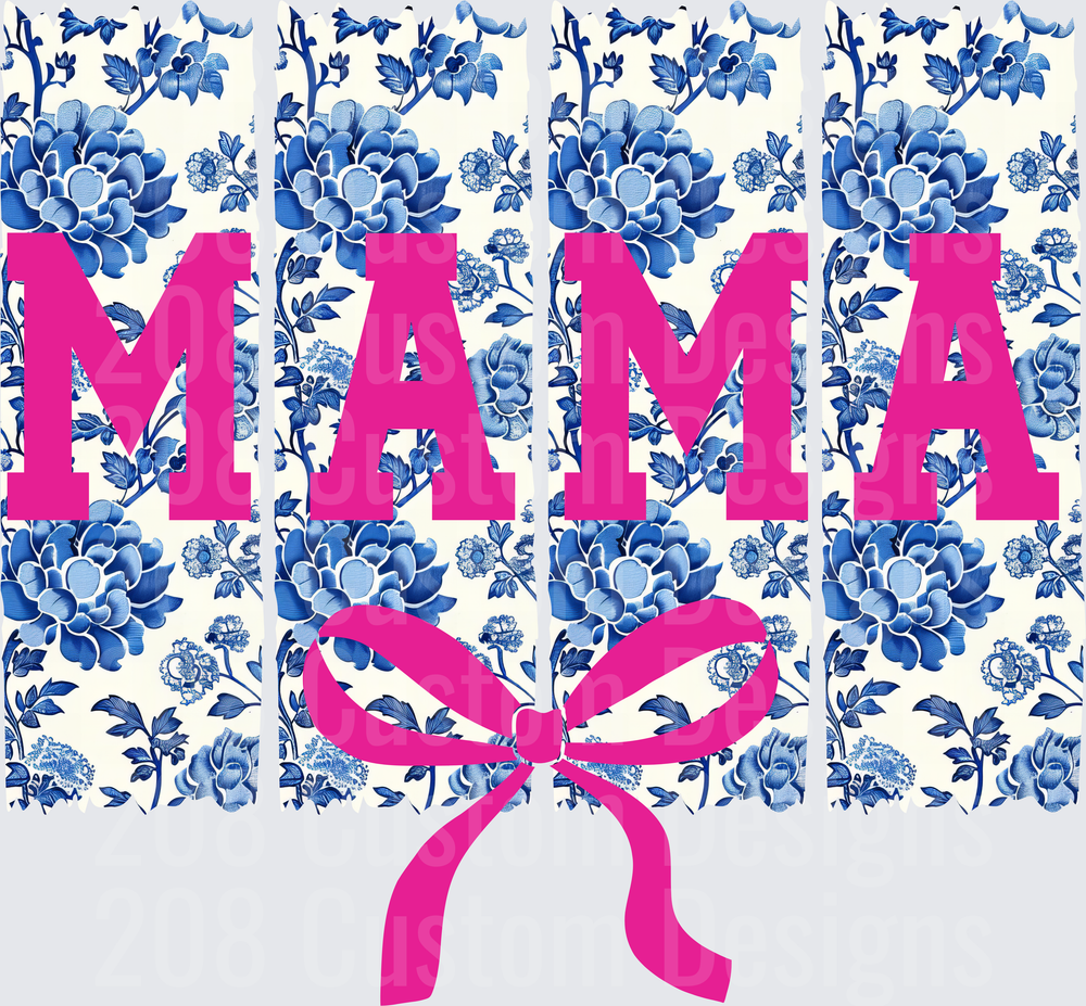 MAMA with Pink Bow on Blue Floral Chinoiserie Pattern