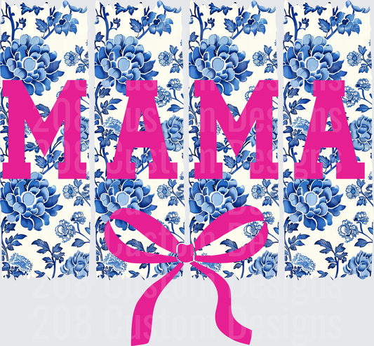 MAMA with Pink Bow on Blue Floral Chinoiserie Pattern