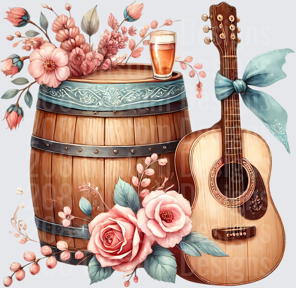 Acoustic Guitar and Beer Barrel with Pink Roses and Blue Ribbon