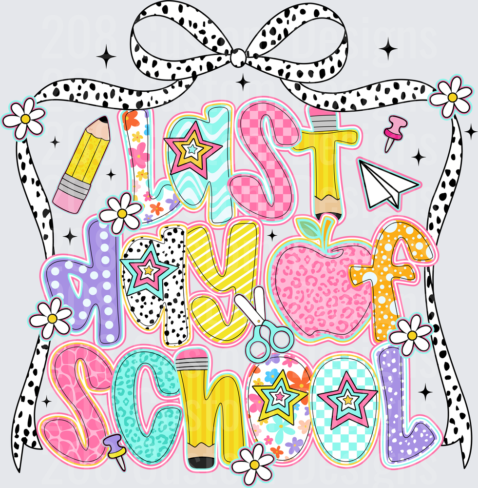 First Day of School Dalmatian Bow Colorful Doodle Letters