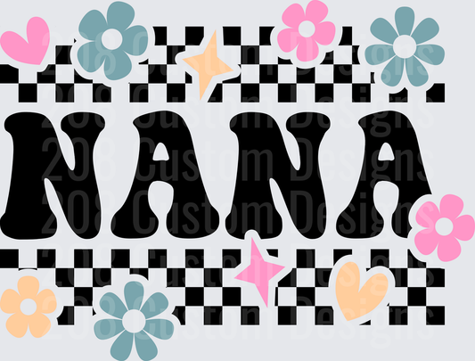 NANA Text with Checkered Pattern Flowers Hearts and Stars