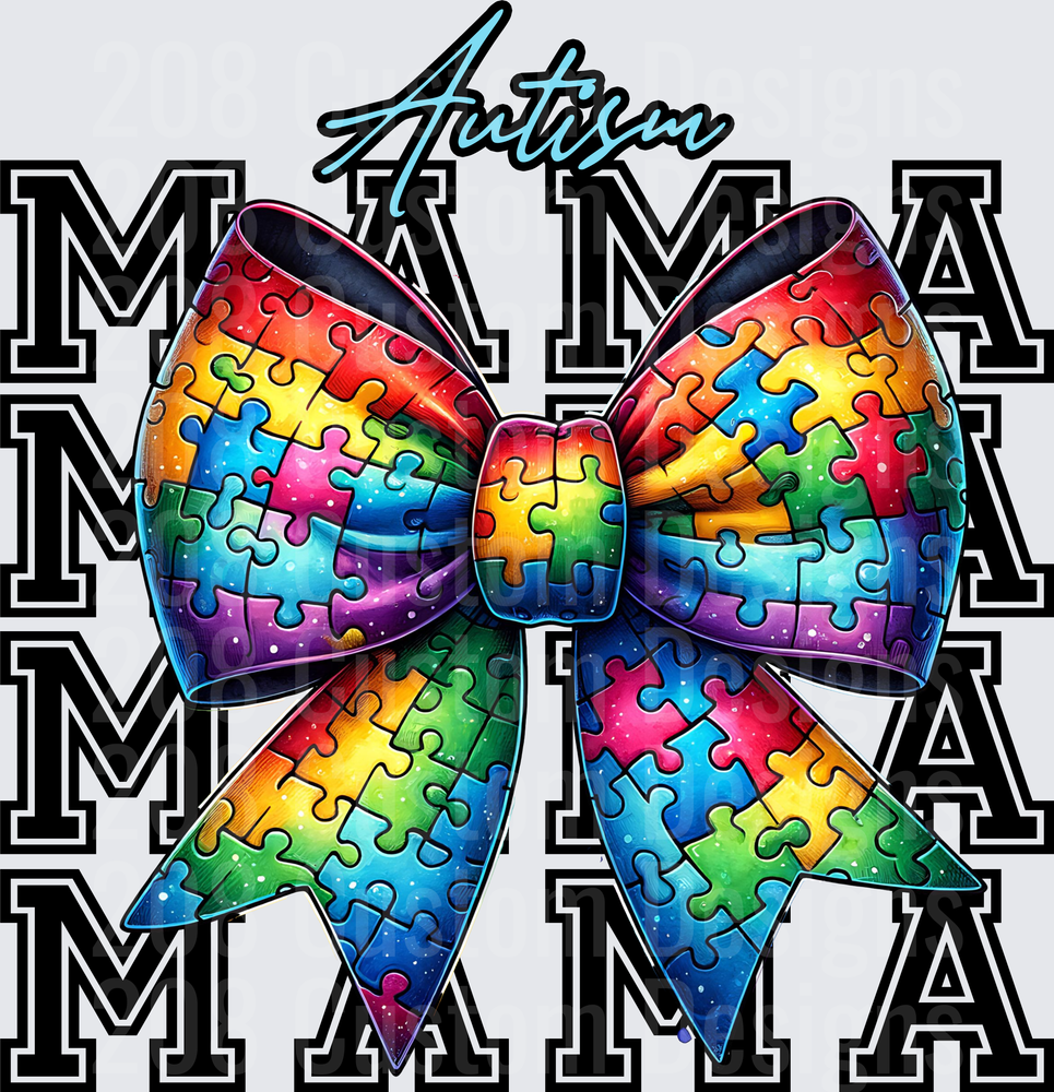Autism Mama Rainbow Puzzle Piece Bow