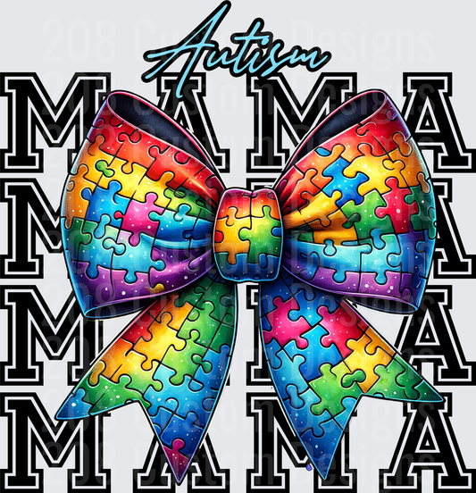 Autism Mama Rainbow Puzzle Piece Bow