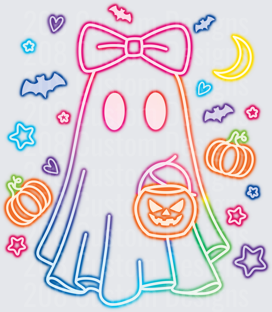 Neon Rainbow Cute Ghost Bow Trick or Treat Halloween