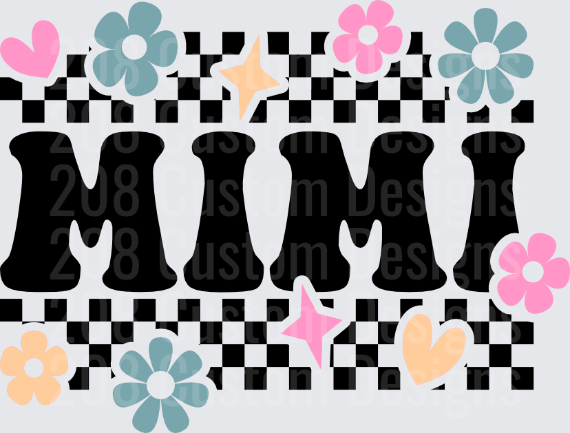MIMI Black Text with Checkered Pattern Flowers Hearts Stars