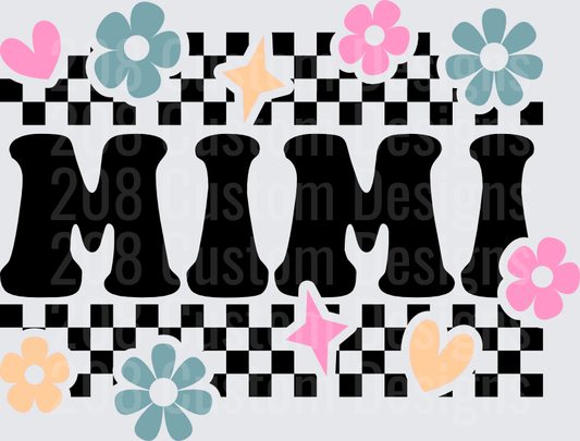 MIMI Black Text with Checkered Pattern Flowers Hearts Stars
