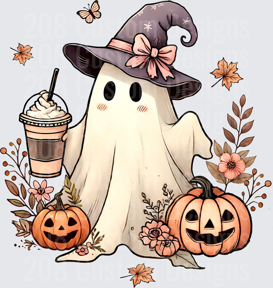 Cute Ghost Witch Hat Iced Coffee Fall Pumpkins Floral