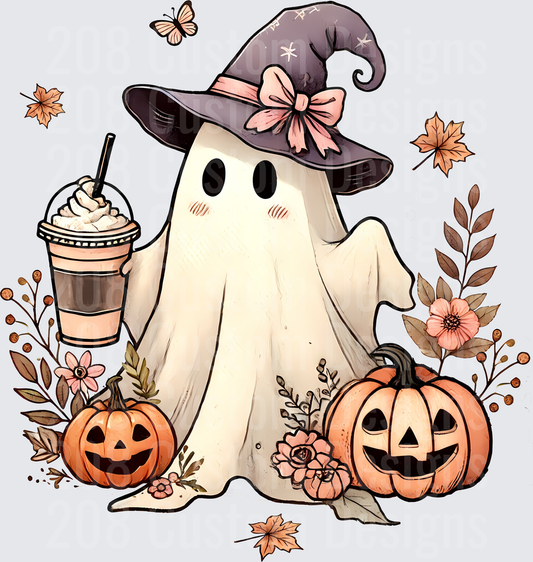 Cute Ghost Witch Hat Iced Coffee Fall Pumpkins Floral