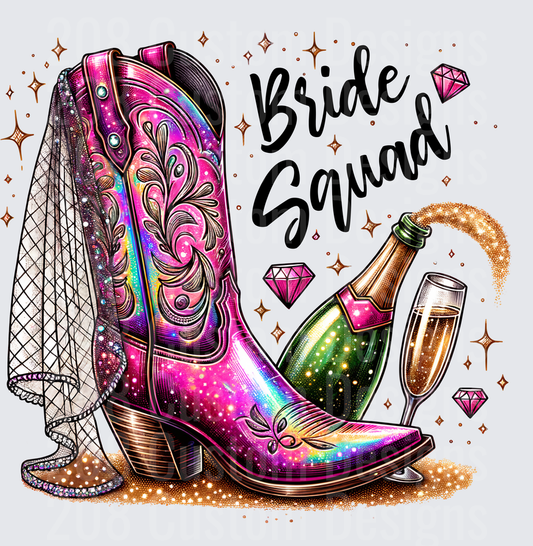 Bride Squad Cowboy Boots with Champagne Bottle and Wedding Veil