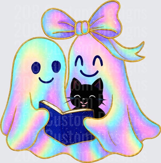 Pastel Galaxy Ghost Couple Reading Book With Black Cat