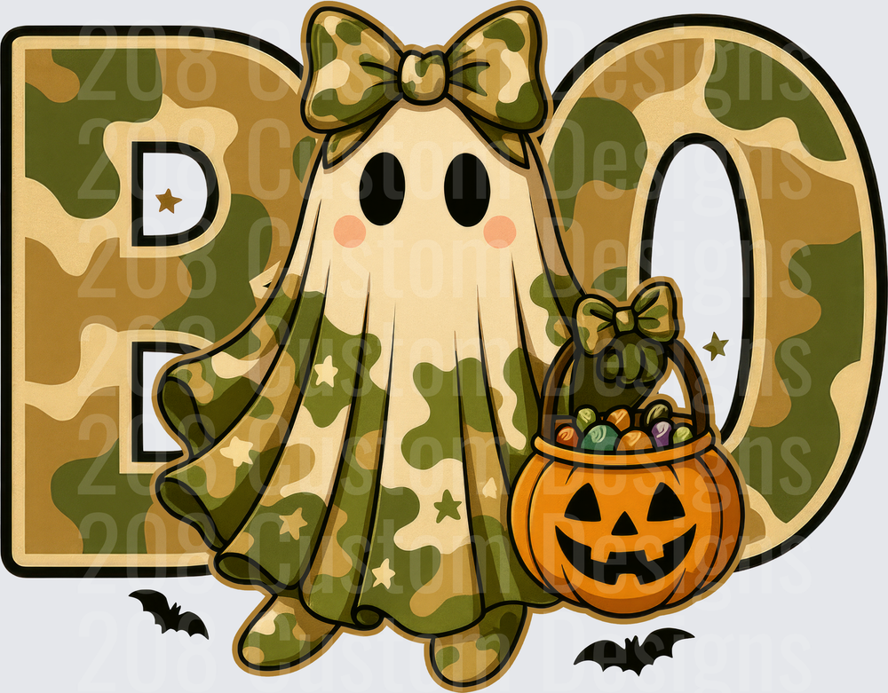 Camo BOO Ghost Girl with Bow and Jack-O-Lantern Candy Pail