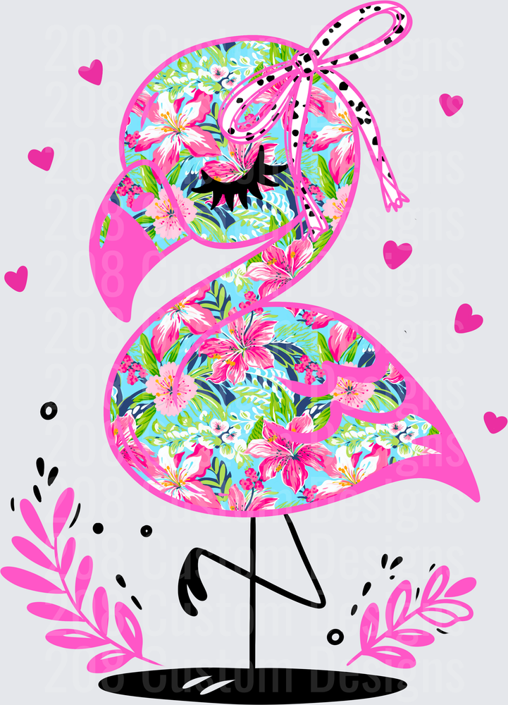 Tropical Floral Flamingo with Polka Dot Bow and Pink Hearts
