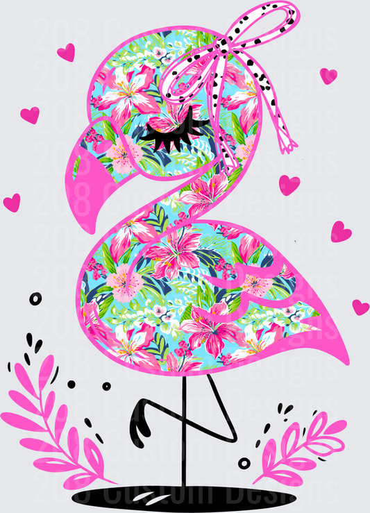 Tropical Floral Flamingo with Polka Dot Bow and Pink Hearts