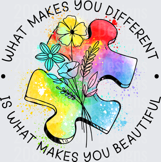 Autism Awareness Watercolor Puzzle Piece Flowers What Makes You Different Is What Makes You Beautiful