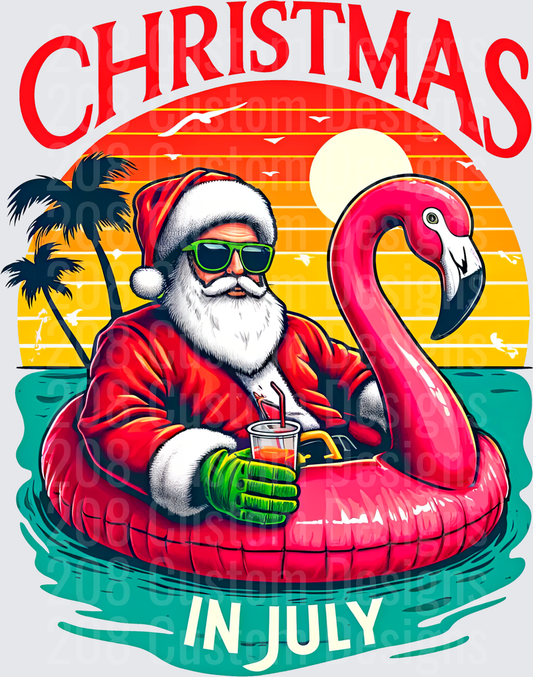 Christmas in July Santa on Flamingo Pool Float Beach Scene