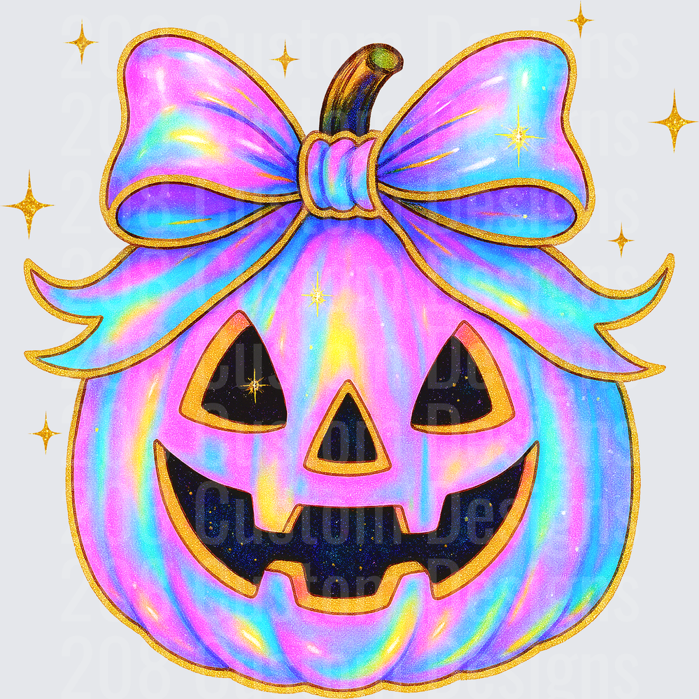Holographic Rainbow Jack-O-Lantern with Glitter Bow and Stars