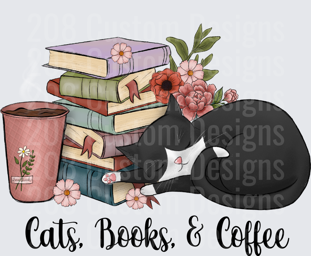 Cats Books and Coffee with Sleeping Tuxedo Cat and Flowers