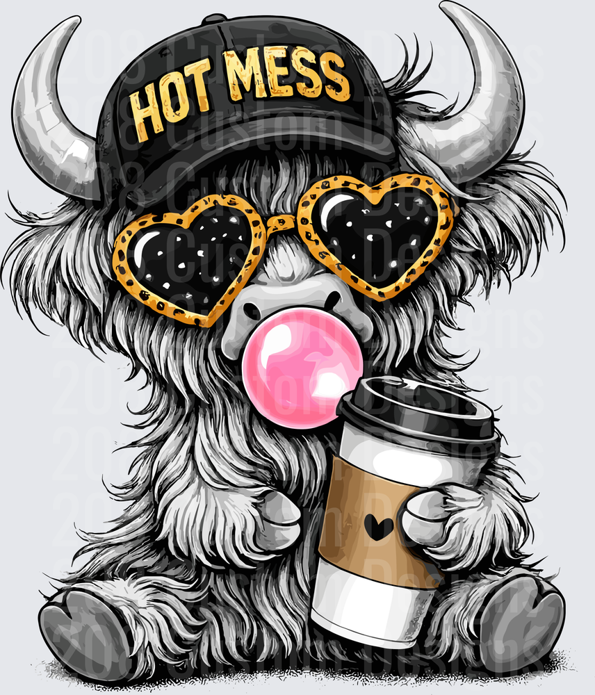 Fluffy Highland Cow Hot Mess Hat Sunglasses Coffee Bubble Gum