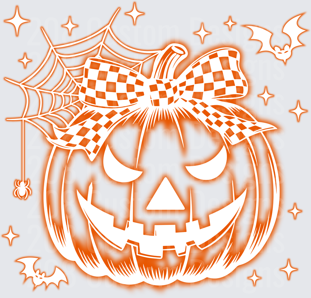 Halloween Jack-O-Lantern Checkered Bow Bats Spider Web Glow