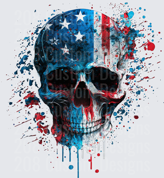 American Flag Skull with Red White Blue Paint Splatter