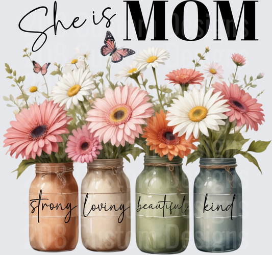 She Is Mom Strong Loving Beautiful Kind Floral Mason Jars with Butterflies