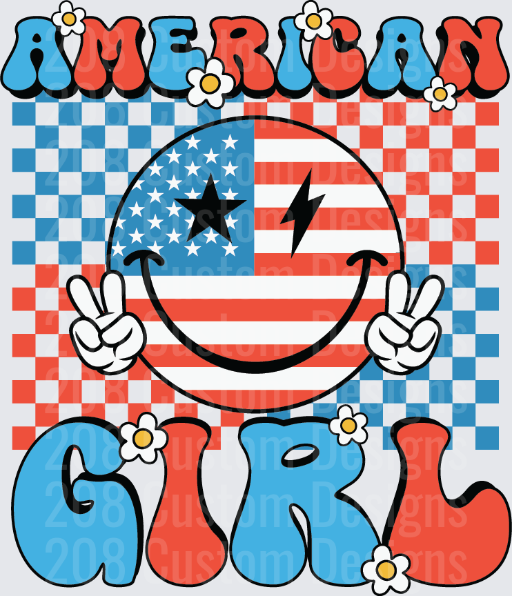 Groovy American Girl Peace Sign Smiley Face with Checkered Background