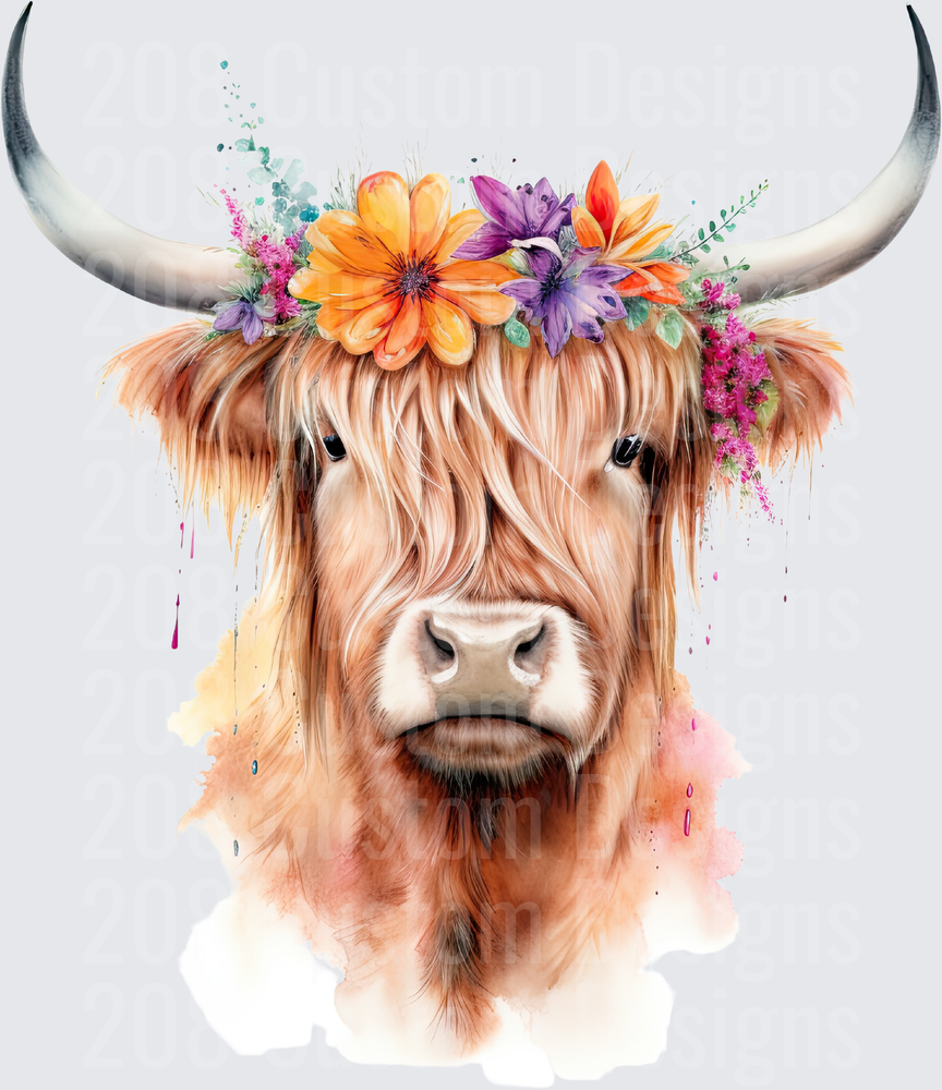 Highland Cow with Floral Crown Watercolor Design
