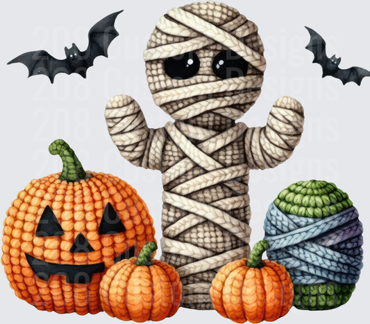 Cute Crochet Mummy with Jack-O-Lanterns and Bats Halloween