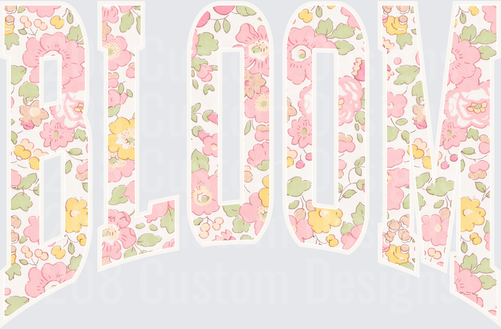 BLOOM Text with Pink and Yellow Floral Pattern