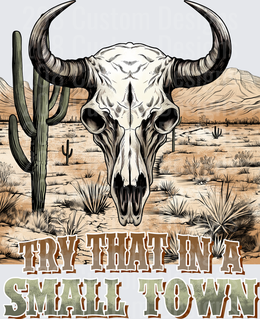 Desert Bull Skull with Cactus and Mountains Western Scene