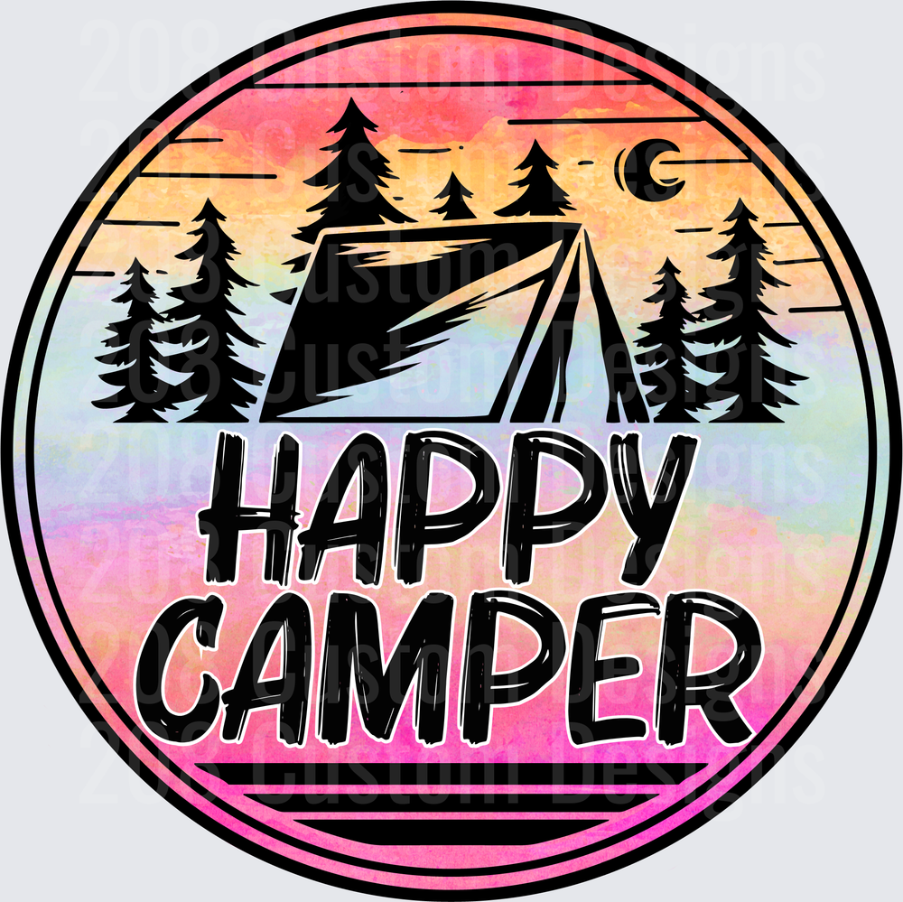 Happy Camper Tent and Pine Trees Sunset Circle Badge