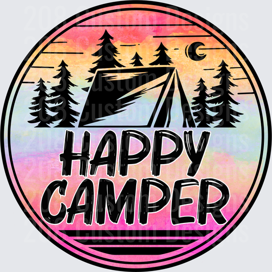 Happy Camper Tent and Pine Trees Sunset Circle Badge