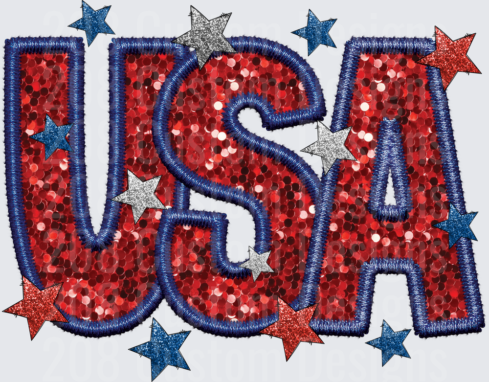 USA Red Sequin Letters with Blue and Silver Glitter Stars
