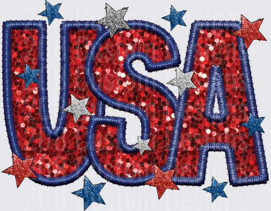 USA Red Sequin Letters with Blue and Silver Glitter Stars