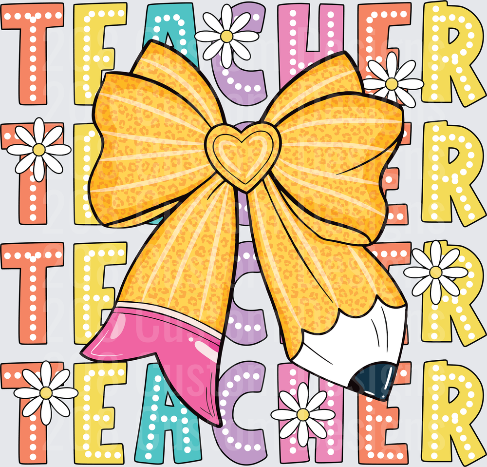 Leopard Print Bow Pencil Teacher Stacked Word Daisy Design