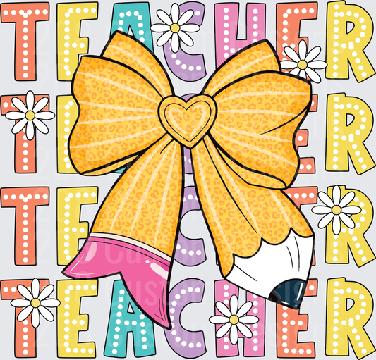 Leopard Print Bow Pencil Teacher Stacked Word Daisy Design
