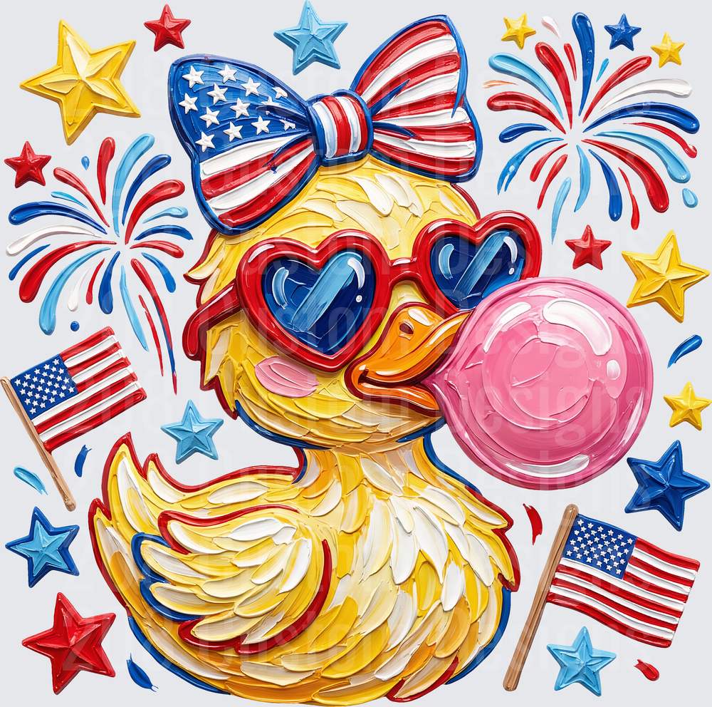 Patriotic Rubber Duck with American Flag Bow and Fireworks