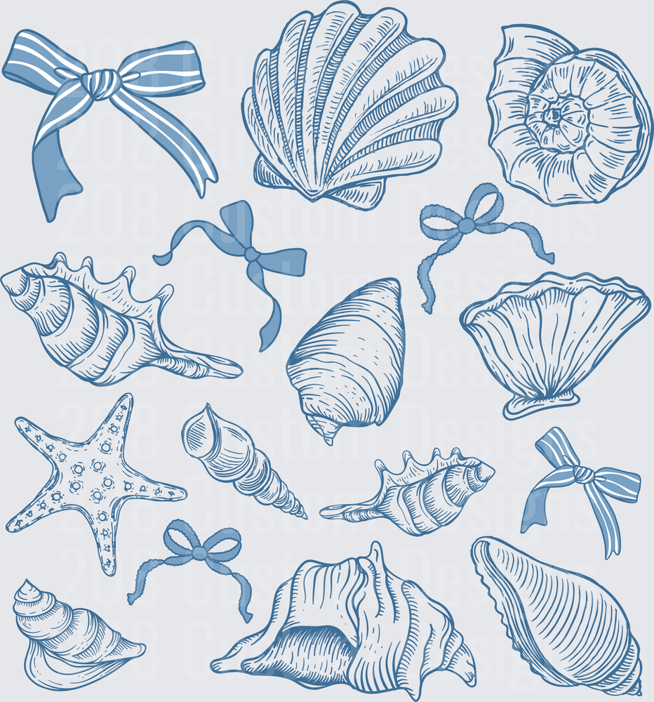 Blue Seashells Starfish and Ribbons Ocean Collection