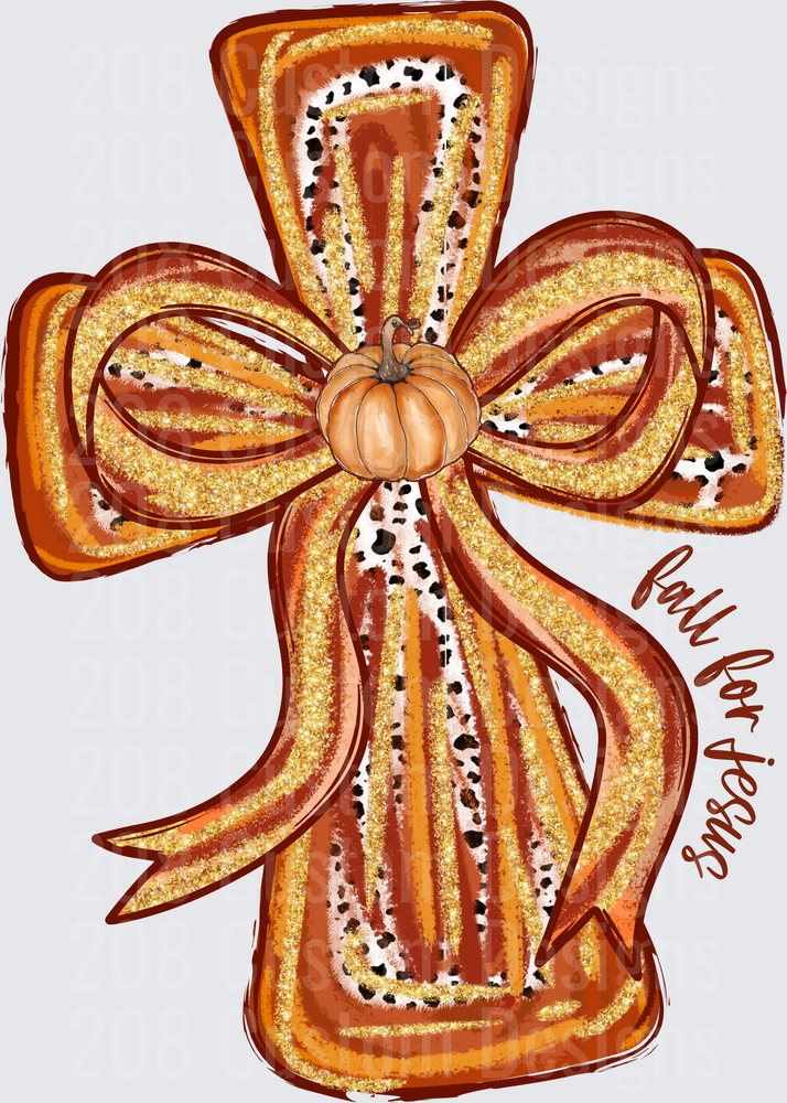 Fall for Jesus Cross with Pumpkin Bow and Leopard Print