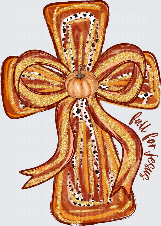 Fall for Jesus Cross with Pumpkin Bow and Leopard Print