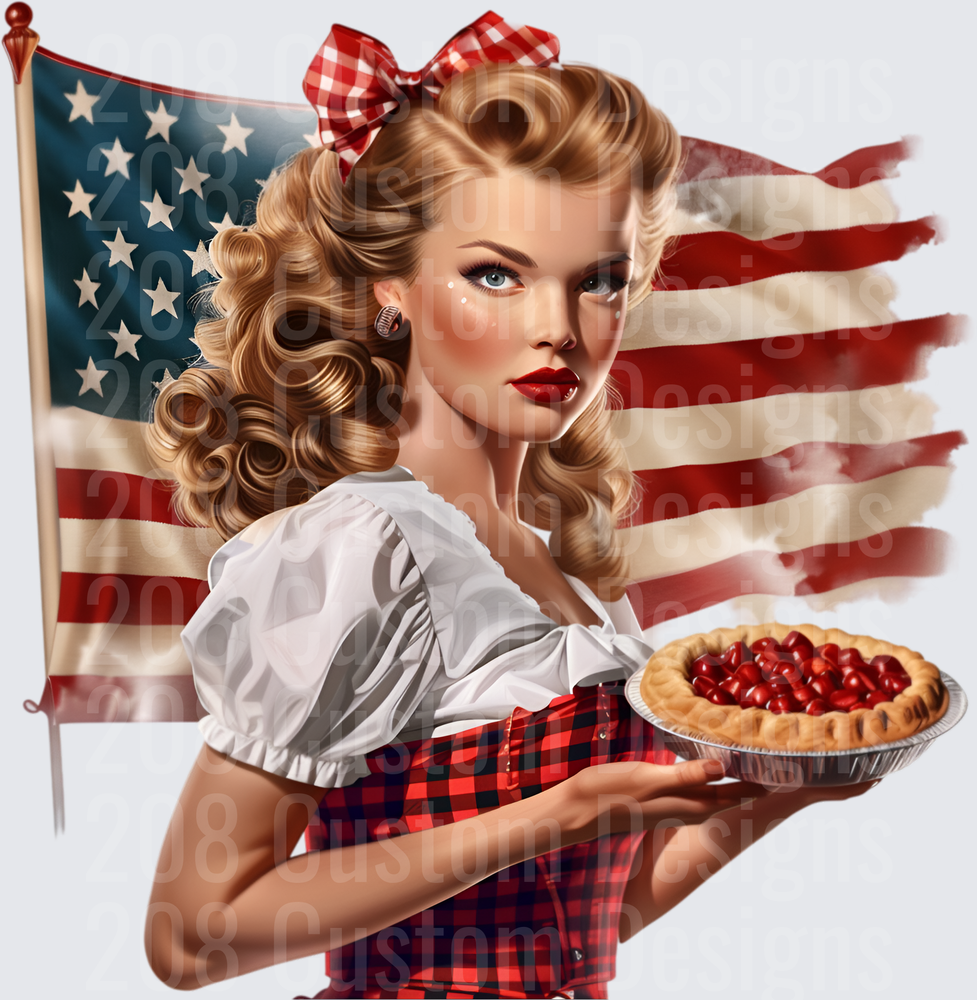 Vintage Pin-Up Girl with Cherry Pie and American Flag