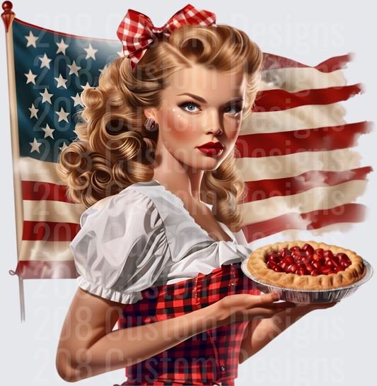 Vintage Pin-Up Girl with Cherry Pie and American Flag