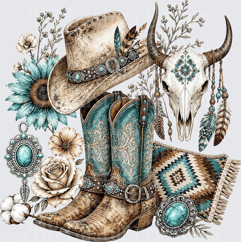 Boho Western Cowboy Boots Hat Bull Skull Turquoise Floral
